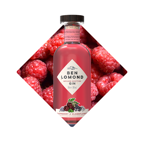bottle of Raspberry and Elderflower gin with an image of raspberries behind. 