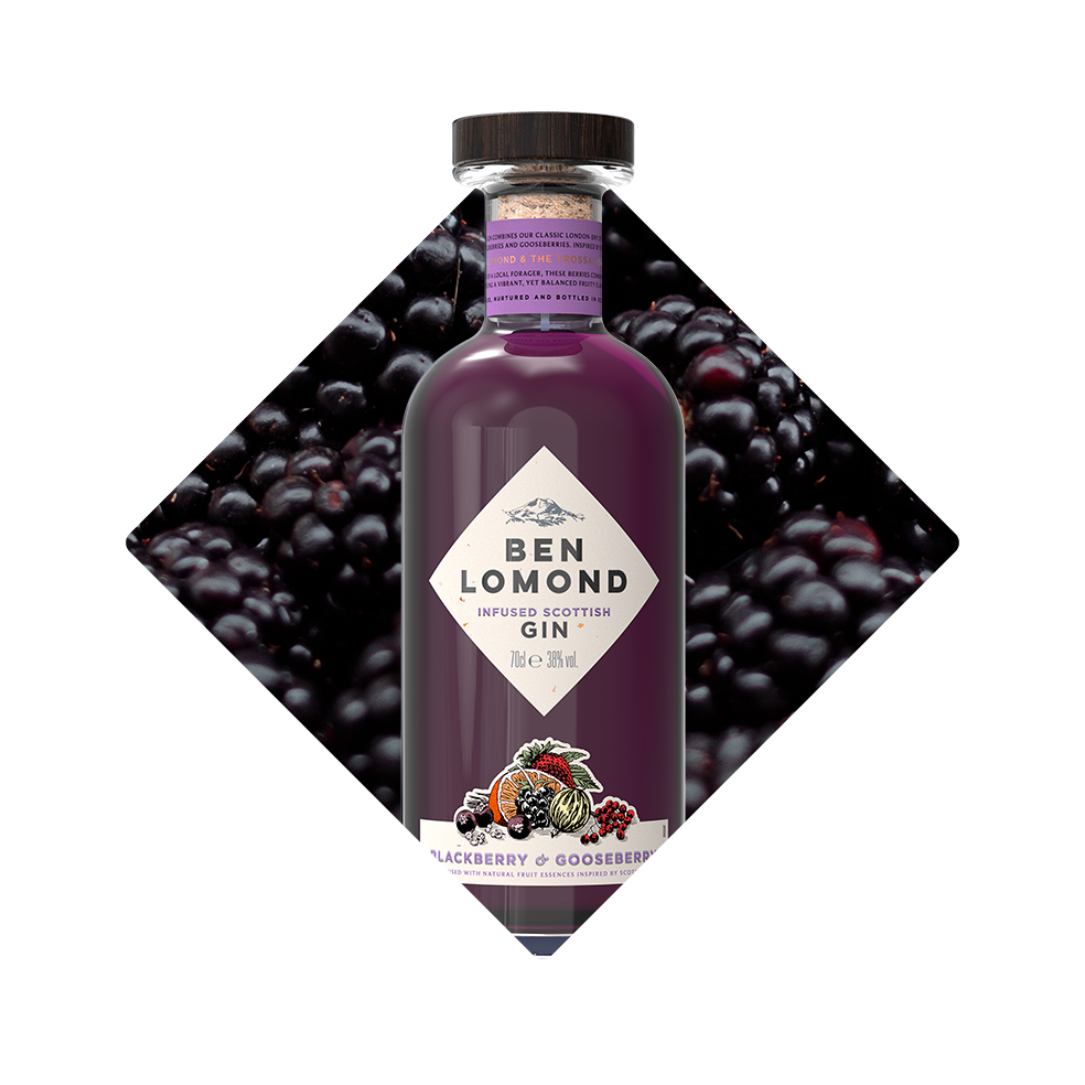 Bottle of Blackberry and Gooseberry gin with an image of blackberries behind the bottle. 