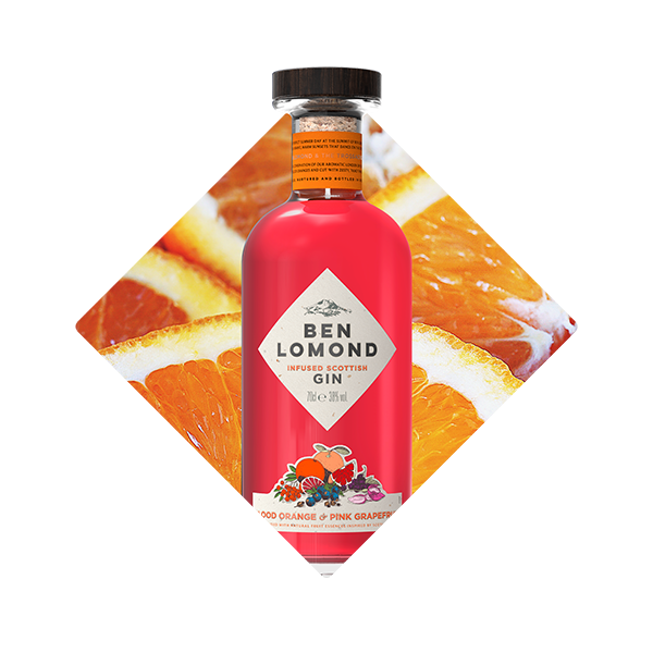 bottle of Blood Orange and Pink Grapefruit gin with an image of orange slices behind. 